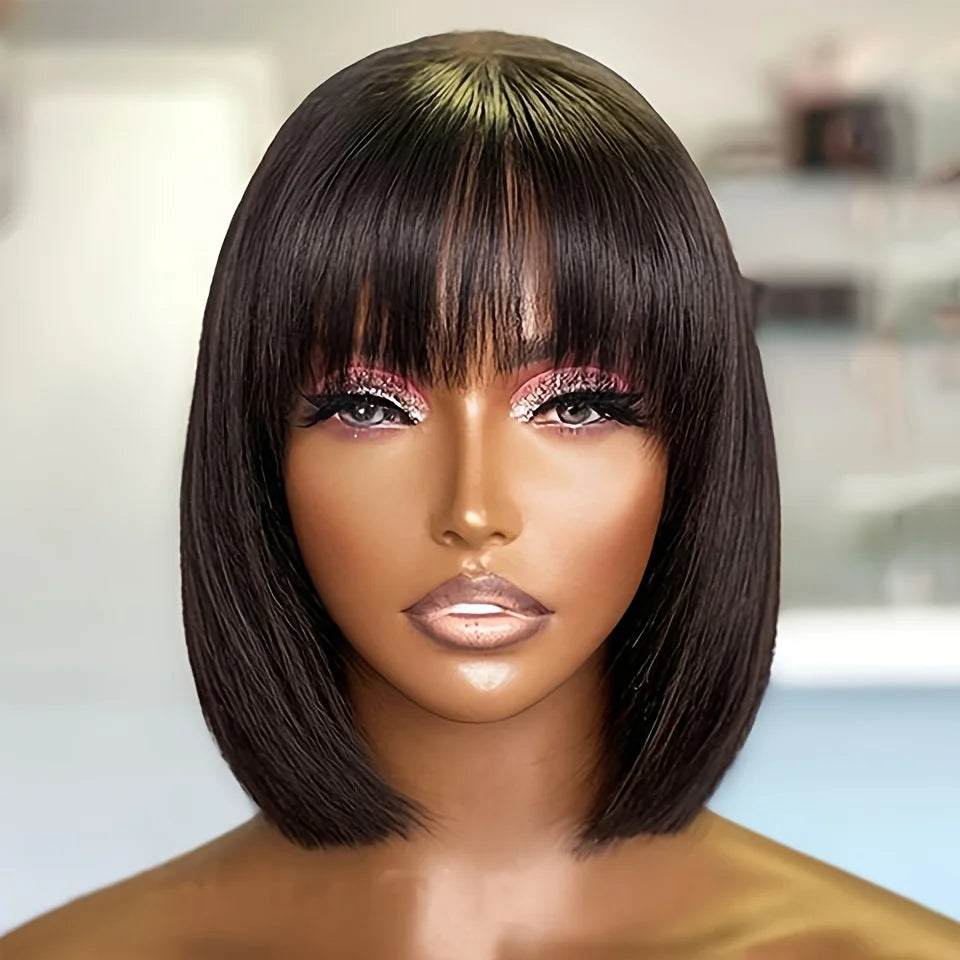 Glueless Straight Bob Wig with Bangs – 100% Human Hair Double Drawn Bob Wig