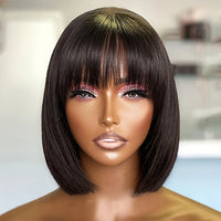 Glueless Straight Bob Wig with Bangs – 100% Human Hair Double Drawn Bob Wig