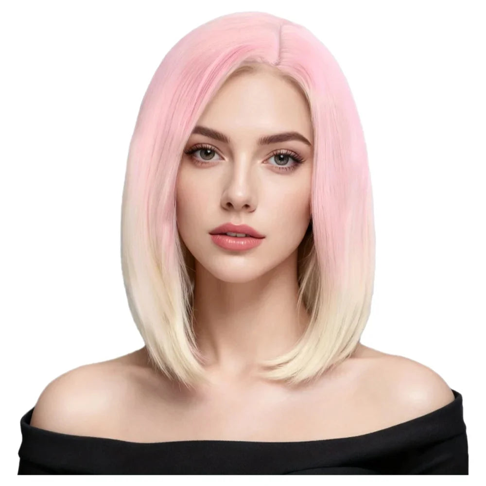Vibrant Pink to Gold Gradient Shoulder-Length Layered Straight Bob Wig Smooth Silky Chic Street Style synthetic wig