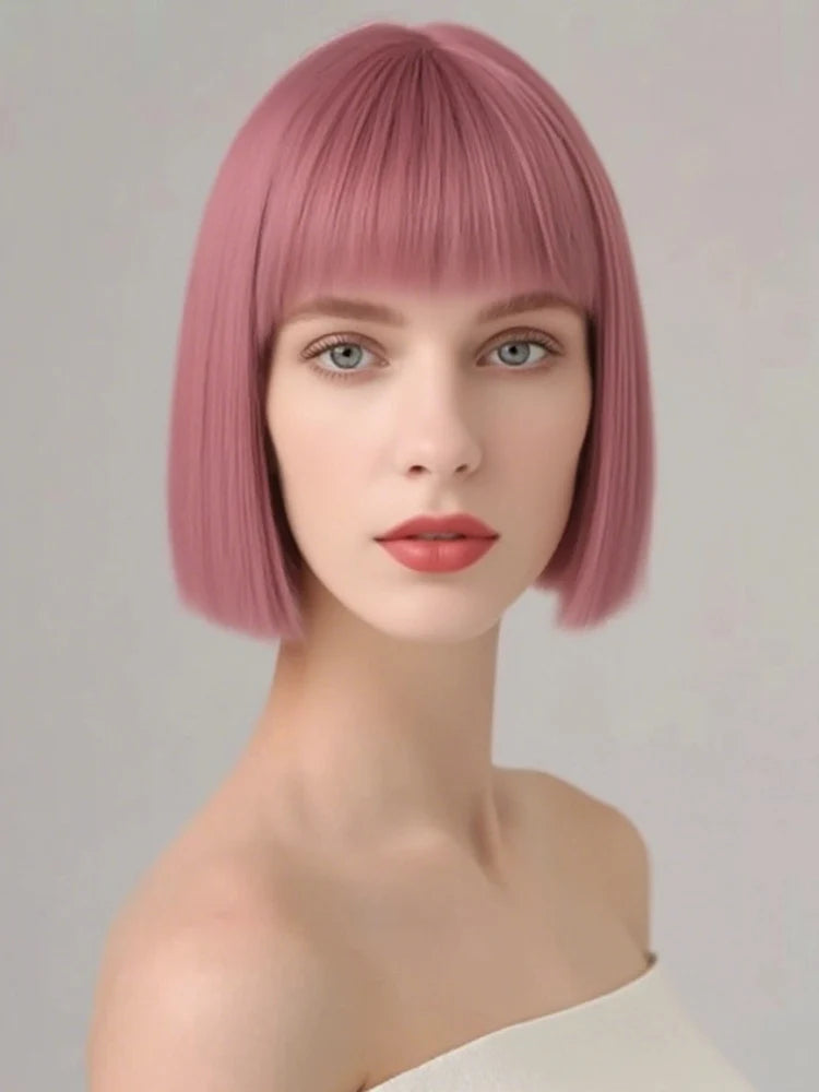 Short Bob Wigs Synthetic Silky Straight Hair Wig with Bangs for White Women Cosplay Natural Nice Looking Pink Lolita Wigs Girls
