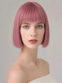 Short Bob Wigs Synthetic Silky Straight Hair Wig with Bangs for White Women Cosplay Natural Nice Looking Pink Lolita Wigs Girls