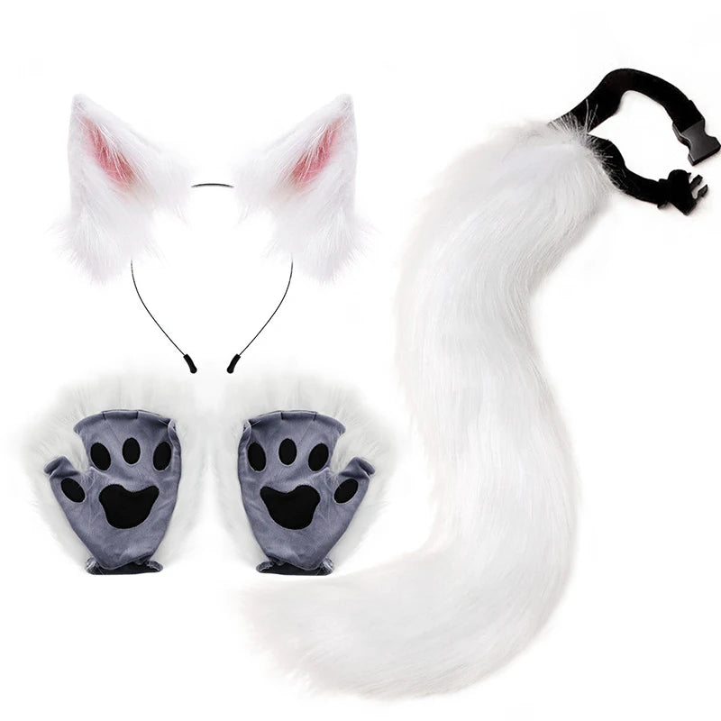Kemonomimi Fox Ears & Plush Tail with Paw Gloves – Cute Halloween Cosplay Accessories