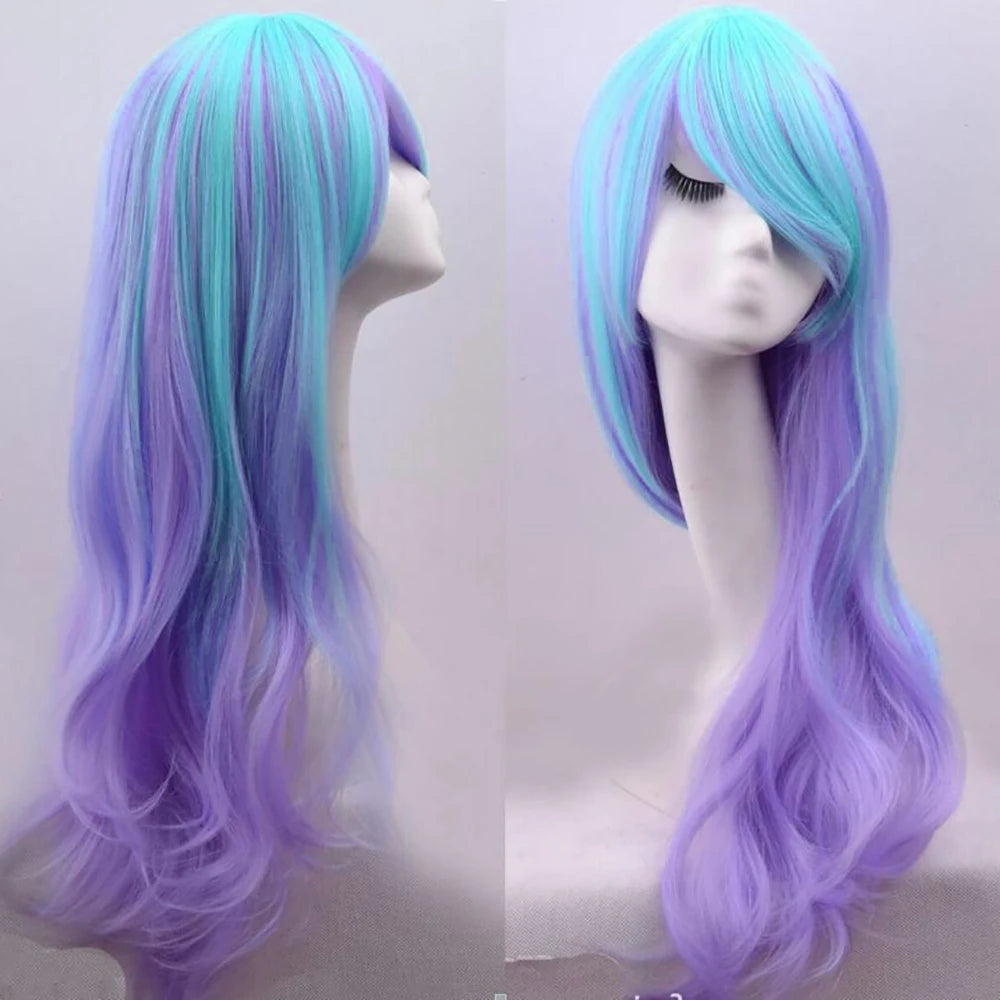 Synthetic Hair Long Wavy Cosplay Wig with Bangs Purple Blue Ombre Costume Lolita Wigs
