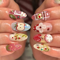 24PCS Wine Red Almond Press-On Nails – Cute Rabbit Bow Plaid Pearl French Fake Nails