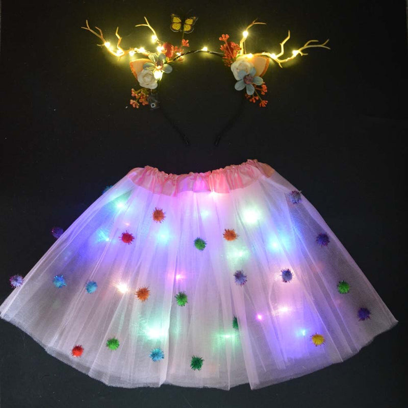 Light LED Flower Girl Kids Clothes Tutu Skirt Princess Party Reindeer Antlers Headband Deer Ear  Birthday Christmas Halloween