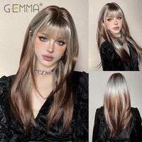 Ombre Light Pink Blonde Long Straight Wig Synthetic Colorful Lolita Cosplay Hair Wigs with Bangs for Women Heat Resistant