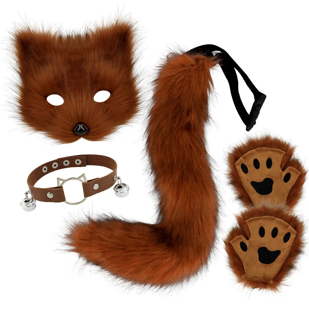 5-Piece Faux Fur Fox Tail Costume Set – Mask, Plush Paw Gloves & Collar for Cat / Wolf Cosplay