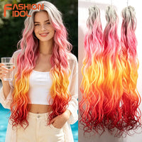 24inch 300g/3pcs Ombre Pink Orange Red Crochet Hair Extensions Total Heat Resistant Synthetic Wavy Braiding Hair