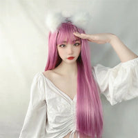 Hair Extensions Synthetic Cosplay Purple Young Lady Wigs Breathable Thin Air Bangs Head Cover Long 70cm Straight Women Wig Hat