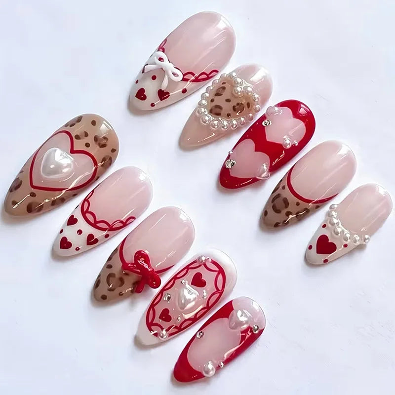 24PCS Wine Red Almond Press-On Nails – Cute Rabbit Bow Plaid Pearl French Fake Nails