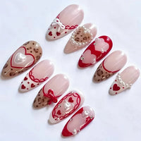 24PCS Wine Red Almond Press-On Nails – Cute Rabbit Bow Plaid Pearl French Fake Nails