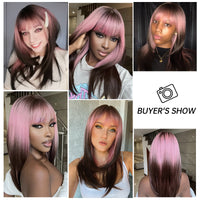 Pink Purple to Black Ombre Straight Medium Length Synthetic Wigs for Women with Bang Daily Cosplay Party Heat Resistant Hair Wig