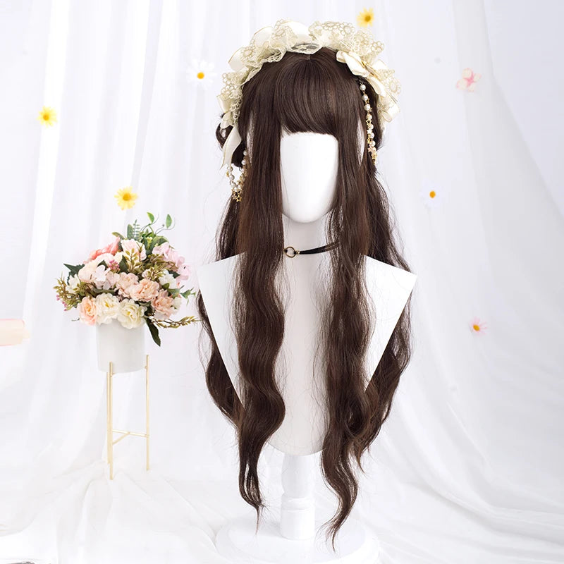 Long Wavy Brown Synthetic Wig with Bangs – Heat Resistant Natural Look Wig for Women, Halloween, Christmas & Daily Wear