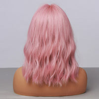 HAIRCUBE Wavy Synthetic Wig With Bangs Short Bob Pink Wigs Curly Wavy Shoulder Length Cosplay Wig Daily Colorful Wig