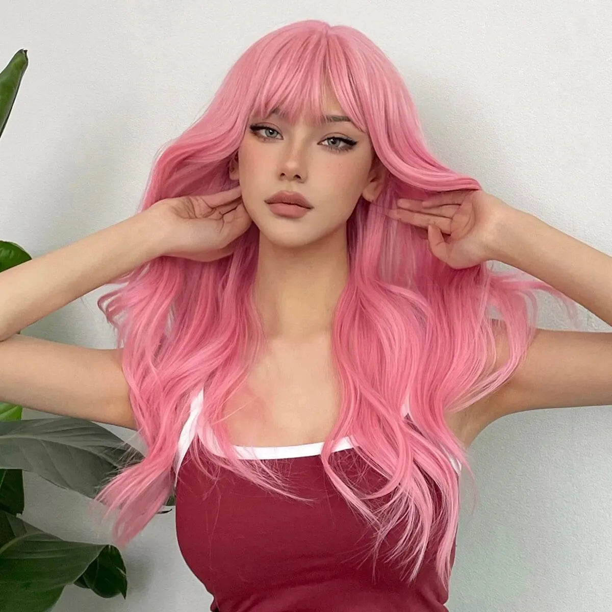 Light Pink Synthetic Hair Wigs Long Wavy Natural Hair Wigs with Bangs for Women Cosplay Lolita Wig Heat Resistant