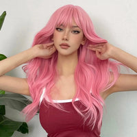 Light Pink Synthetic Hair Wigs Long Wavy Natural Hair Wigs with Bangs for Women Cosplay Lolita Wig Heat Resistant