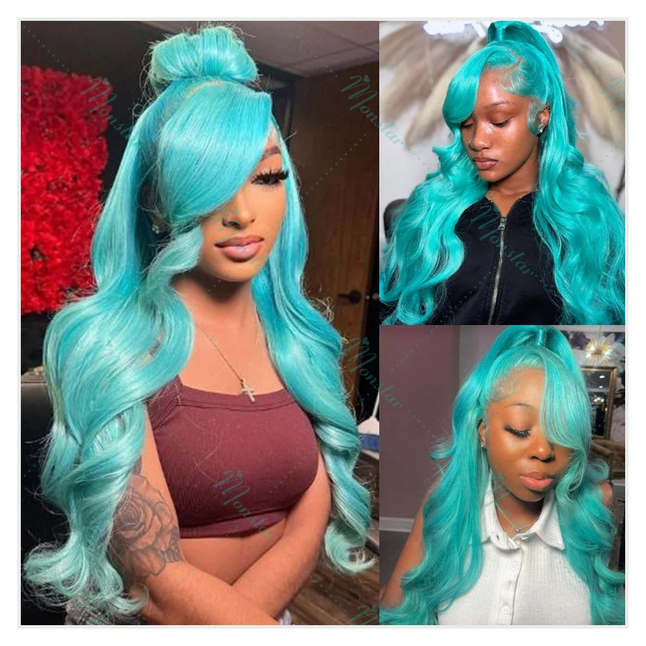 Teal Color Human Hair Wig – 13x6 Lace Front Body Wave