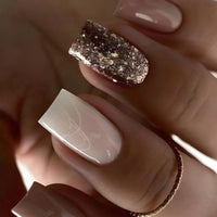 24Pcs Medium Short Square False Nails Glittering Nail Art White Wearable Fake Nail Silver French Full Cover Press on Nail Tips