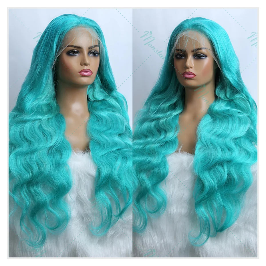 Teal Color Human Hair Wig – 13x6 Lace Front Body Wave