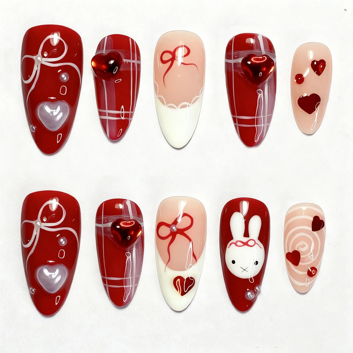 24PCS Wine Red Almond Press-On Nails – Cute Rabbit Bow Plaid Pearl French Fake Nails