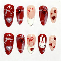 24PCS Wine Red Almond Press-On Nails – Cute Rabbit Bow Plaid Pearl French Fake Nails