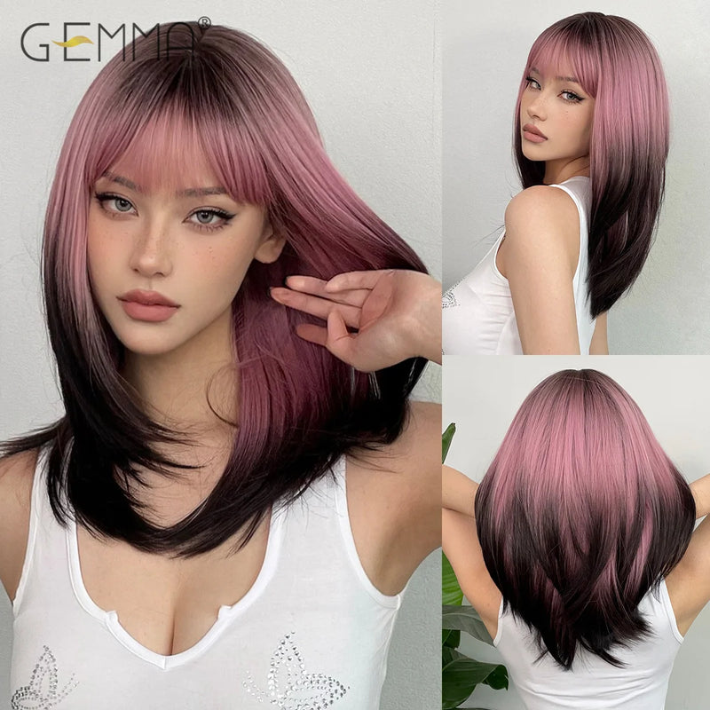 Ombre Light Pink Blonde Long Straight Wig Synthetic Colorful Lolita Cosplay Hair Wigs with Bangs for Women Heat Resistant