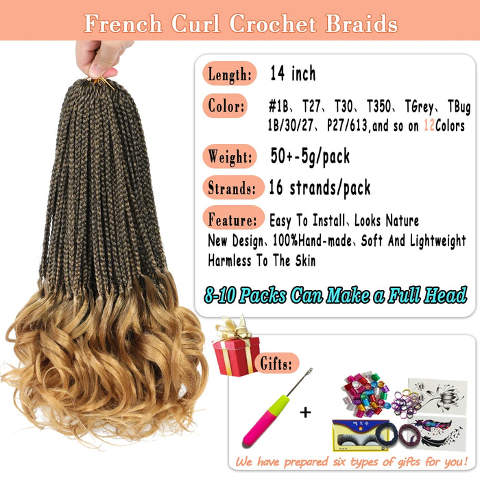 14’’ Synthetic French Curls Crochet Hair Braids Kid-Friendly Ombre Brown to Blonde French Curl Box Braids with Bouncy Curly Ends
