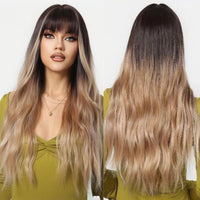 Brown Wavy Wigs for Women with Bangs Long Natural Synthetic Hair Wig Daily Cosplay Heat Resistant