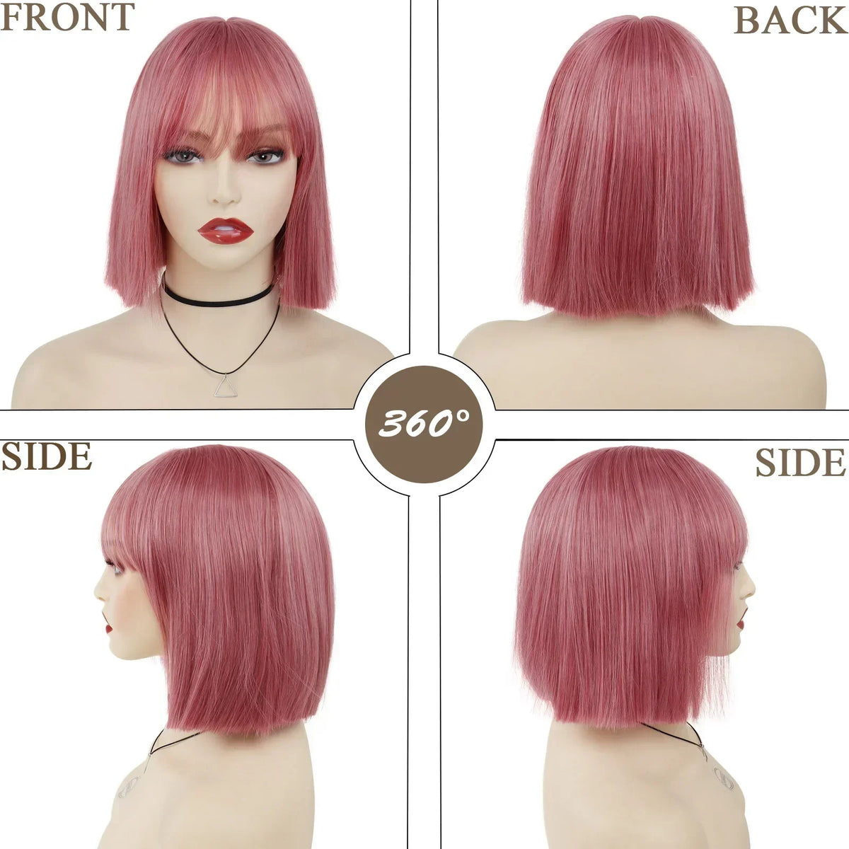 Short Bob Wigs Synthetic Silky Straight Hair Wig with Bangs for White Women Cosplay Natural Nice Looking Pink Lolita Wigs Girls