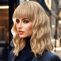 14inch Short Wavy Bob Synthetic Wig with Air Bangs Heat Resistance Shoulder Length Curled Wigs for Daily Use Cosplay for Women