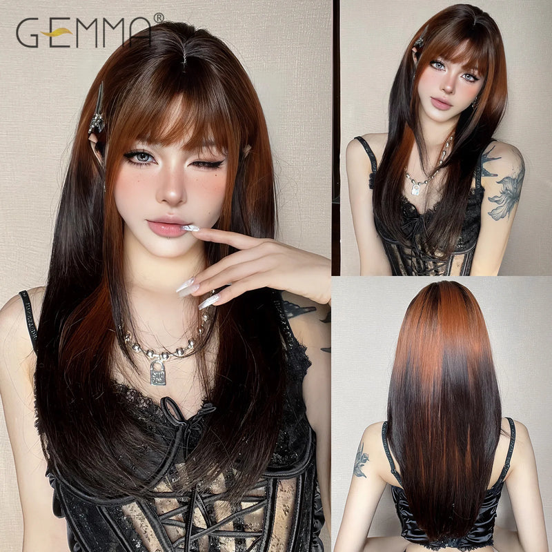 Ombre Light Pink Blonde Long Straight Wig Synthetic Colorful Lolita Cosplay Hair Wigs with Bangs for Women Heat Resistant