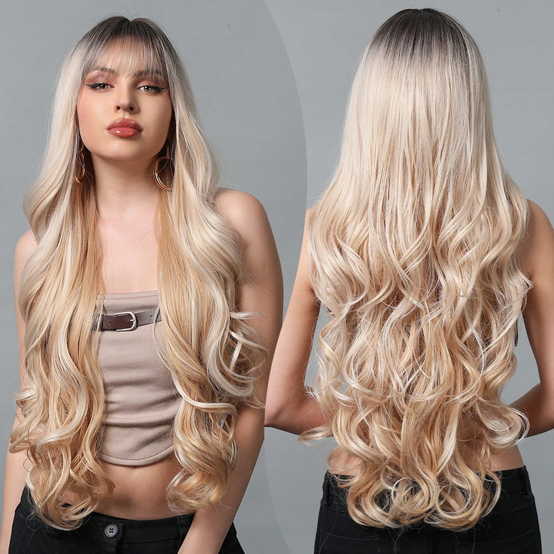 Blonde Highlight Long Synthetic Wig Natural Ombre Mixed Blonde Wig Wavy Wig with Bangs Heat Resistant Daily Use Fiber