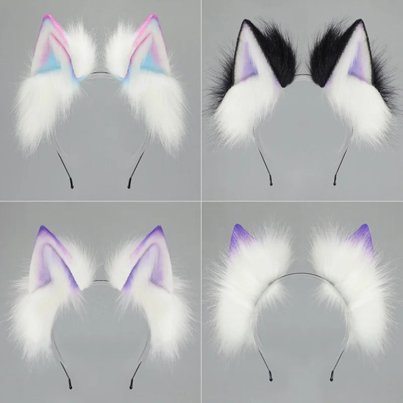 2025 New Handmade Colorful Gradient Cat Ears Headband Adjustable Belt Fox Tail Halloween Cosplay Animal Wolf Props