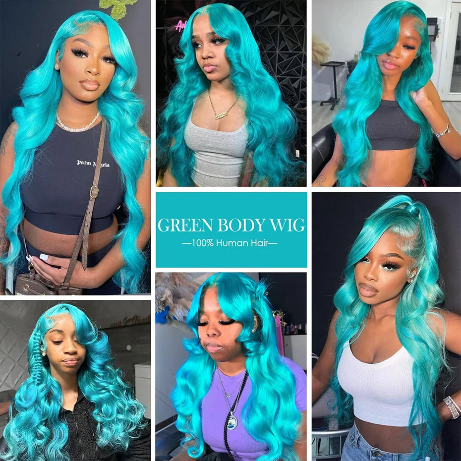 Teal Color Human Hair Wig – 13x6 Lace Front Body Wave
