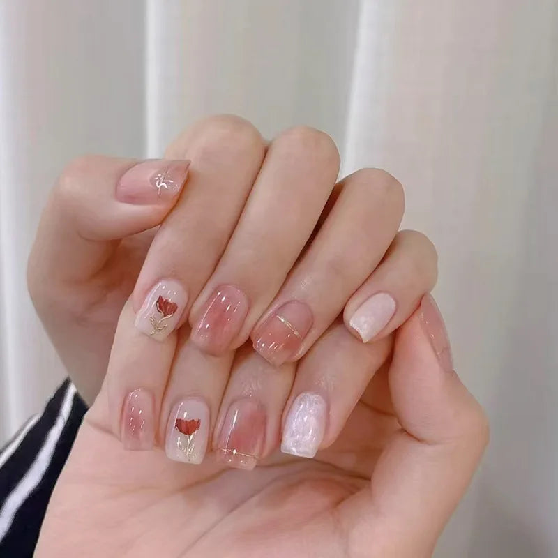 24Pcs Pink Cat Eye Press On Nails – Short Ballet French Style with Bow & Star Designs