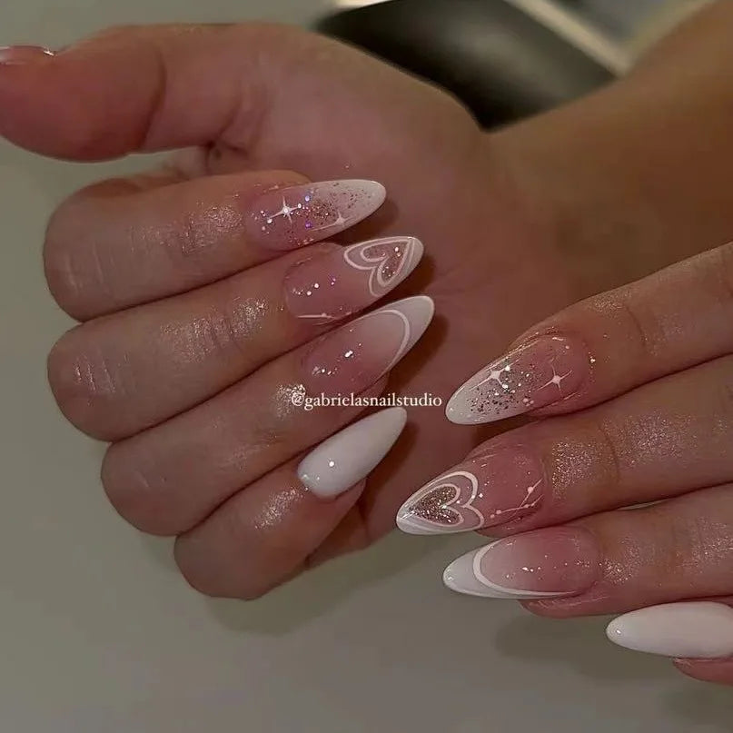 24PCS Wine Red Almond Press-On Nails – Cute Rabbit Bow Plaid Pearl French Fake Nails