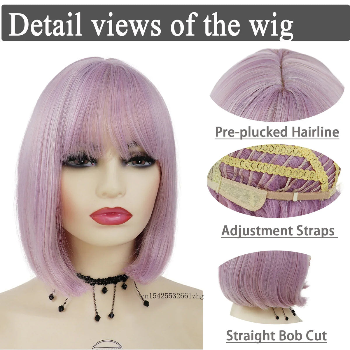 Light Purple Pink Bob Wig with Bangs – Synthetic Straight Cosplay Wig for Women