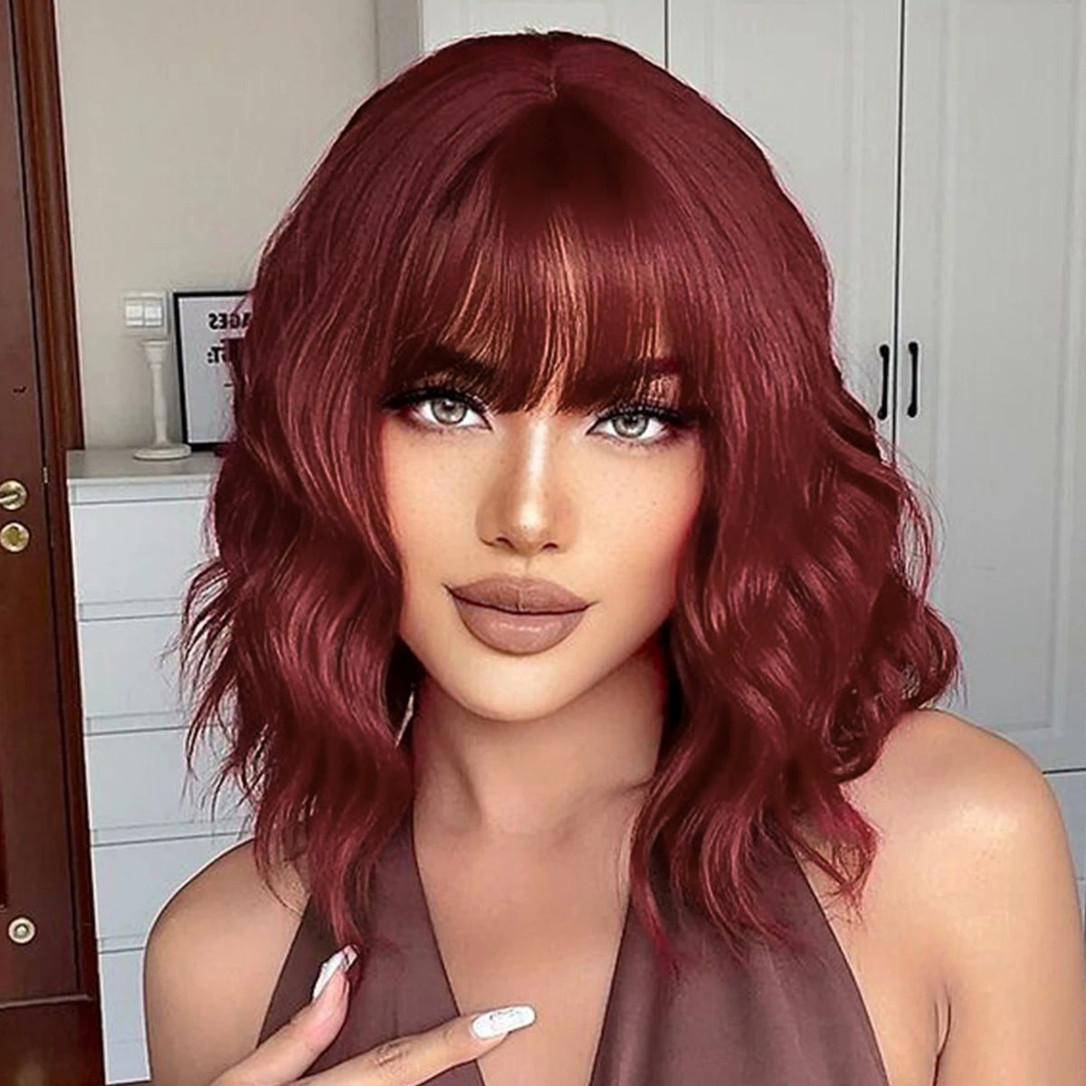 14inch Short Wavy Bob Synthetic Wig with Air Bangs Heat Resistance Shoulder Length Curled Wigs for Daily Use Cosplay for Women