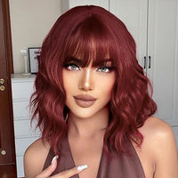 14inch Short Wavy Bob Synthetic Wig with Air Bangs Heat Resistance Shoulder Length Curled Wigs for Daily Use Cosplay for Women