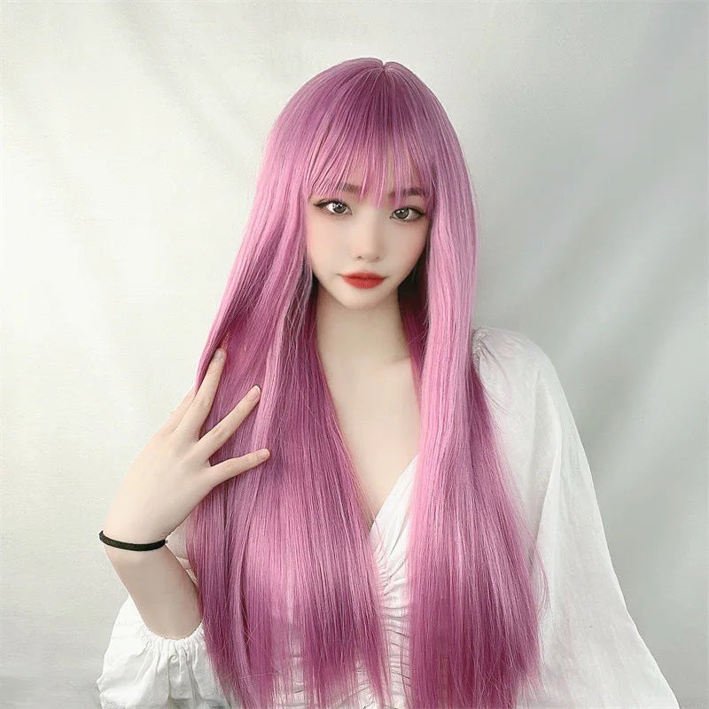 Hair Extensions Synthetic Cosplay Purple Young Lady Wigs Breathable Thin Air Bangs Head Cover Long 70cm Straight Women Wig Hat