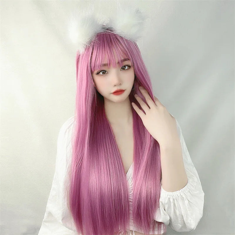 Hair Extensions Synthetic Cosplay Purple Young Lady Wigs Breathable Thin Air Bangs Head Cover Long 70cm Straight Women Wig Hat