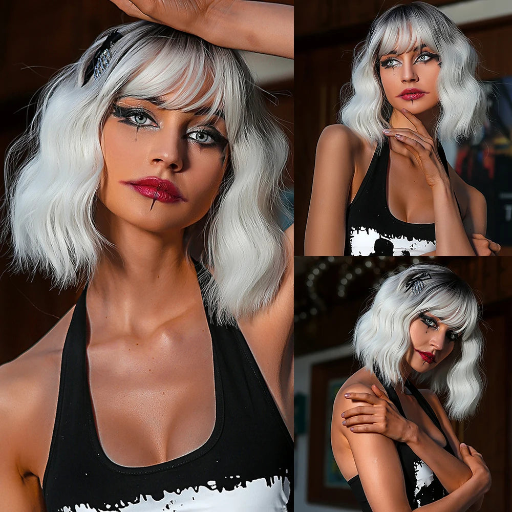 Short Curly Wavy White Synthetic Wig White Lolita Hair Wig with Bangs for Women Natural Cosplay Party Halloween Heat Resistant