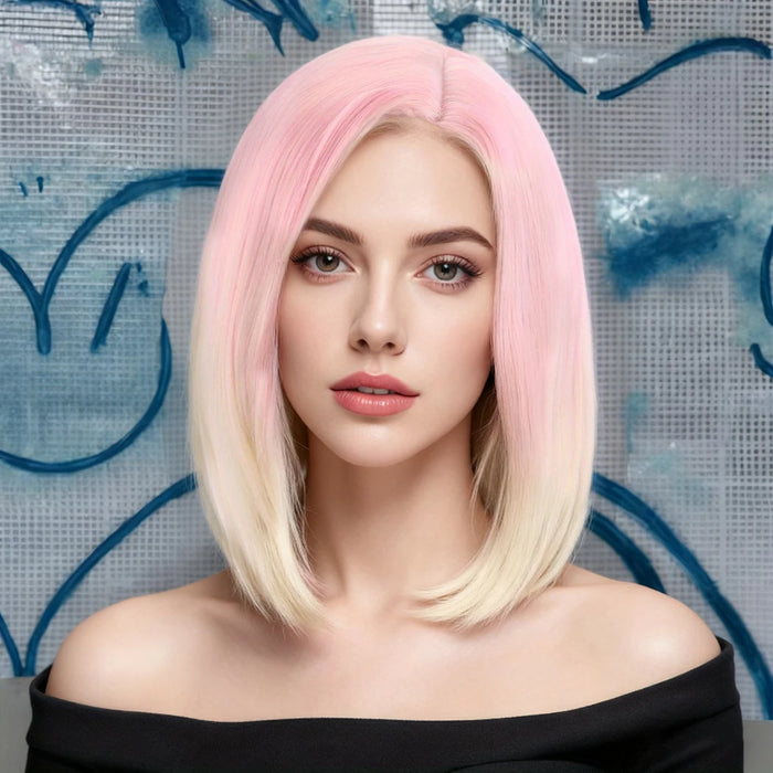 Vibrant Pink to Gold Gradient Shoulder-Length Layered Straight Bob Wig Smooth Silky Chic Street Style synthetic wig