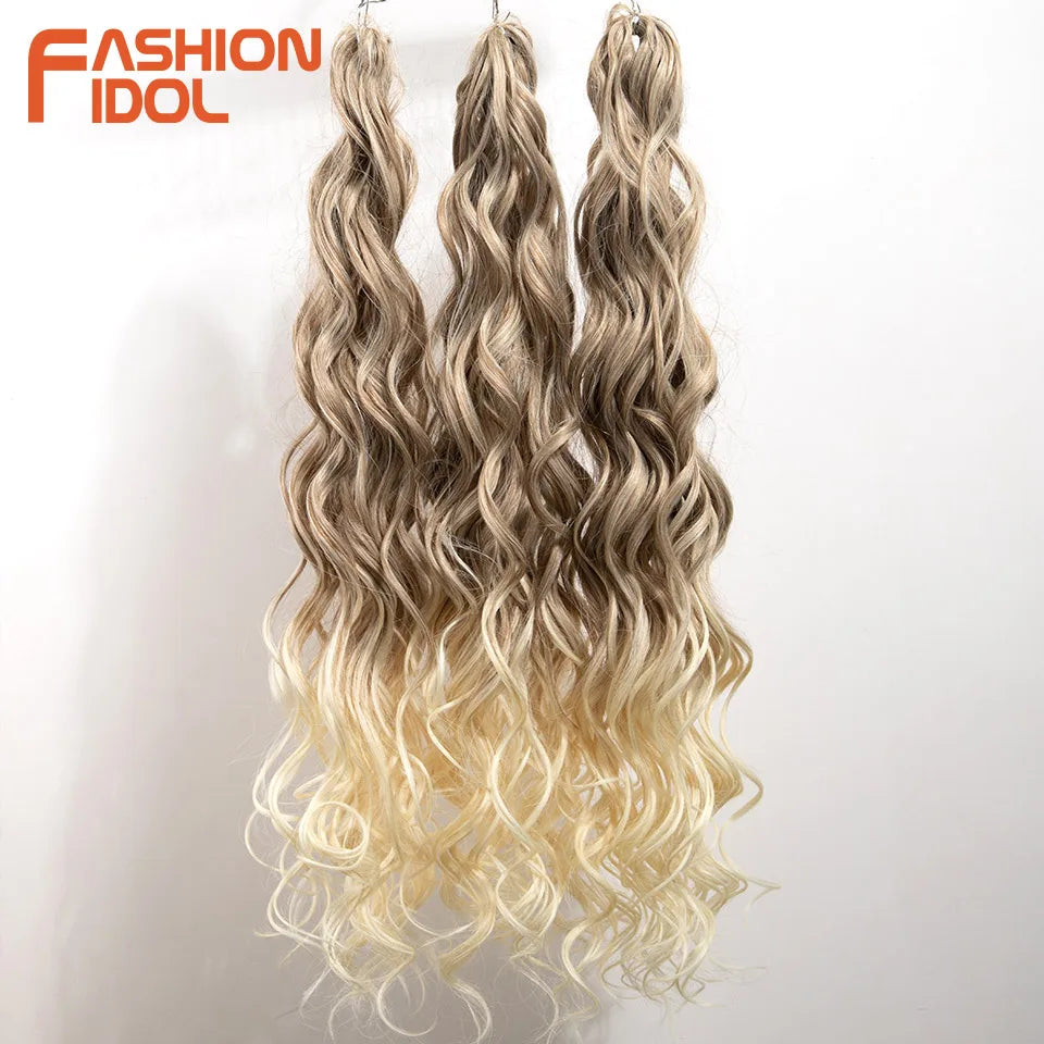 24inch 300g/3pcs Ombre Pink Orange Red Crochet Hair Extensions Total Heat Resistant Synthetic Wavy Braiding Hair