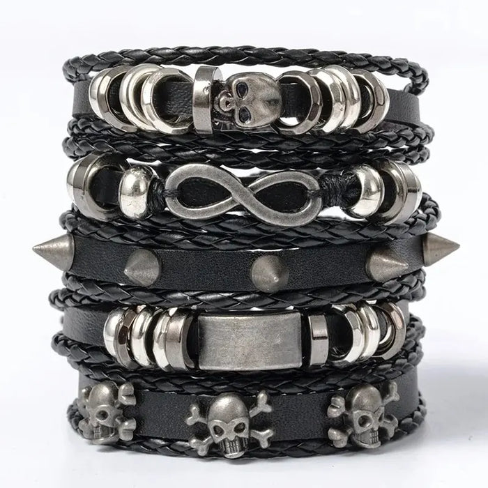 5pcs Punk Style Braided Leather Bracelet Set – Adjustable Black DIY Wristbands with Metal Beads