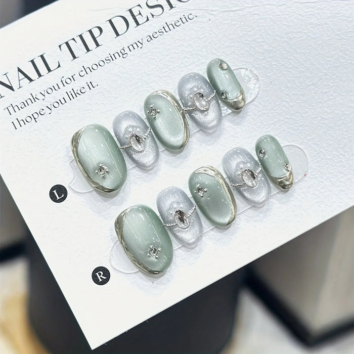 10pcs High-End Short Cat Eye Press-On Nails – Light Luxury Handmade White Nail Set