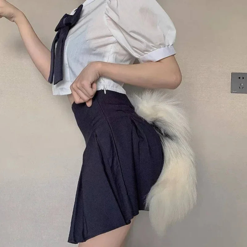Handmade Anime Furry Tail | Red/Beige/Black with White Tips | Ideal for Cosplay, Maid & Fox Girl Look | Includes Headband