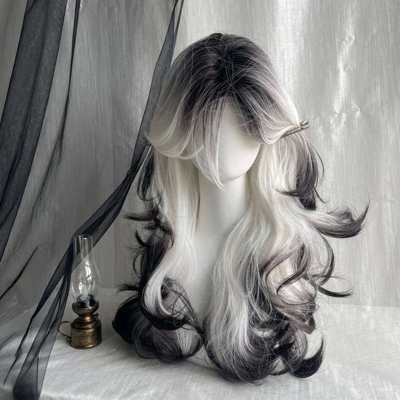 Long Wave Synthetic Black Ombre White Wig Fluffy Women Heat Resistant Wig for Daily Party Lolita Cosplay