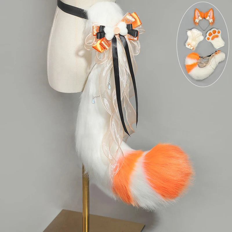 Hand-made Realistic Fluffy Fox Ear Headwear Faux Fur Wolf  Tail Plush Cat Claw Gloves Lolita Anime Exhibition Cosplay Props