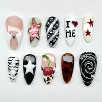 24PCS Wine Red Almond Press-On Nails – Cute Rabbit Bow Plaid Pearl French Fake Nails